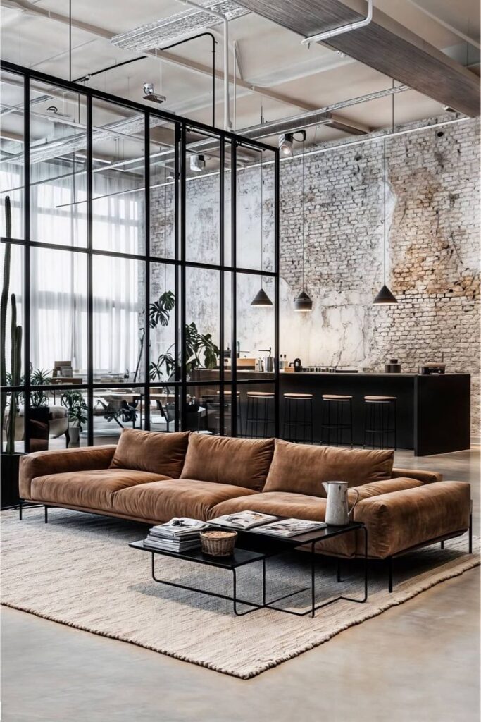 Industrial loft living room with cozy brown sofa, glass dividers, and modern pendant lights.