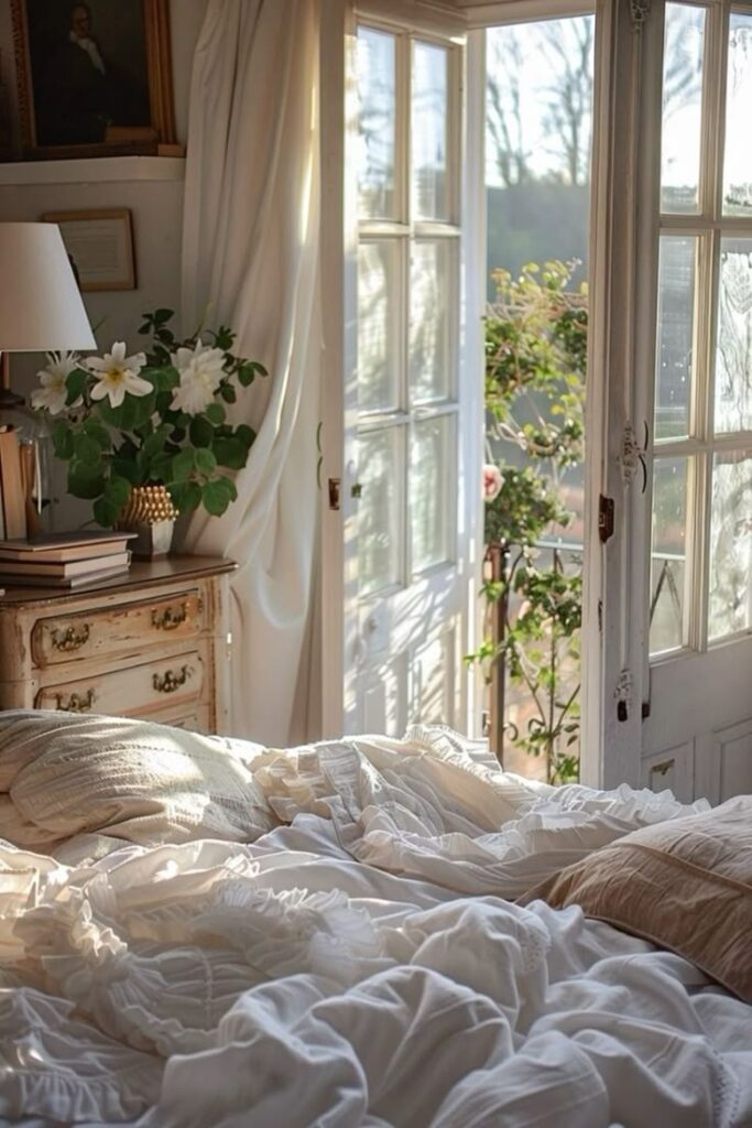 Cozy bedroom with sunlight, open French doors, white bedding, and flowers on a vintage dresser. Peaceful morning vibe.