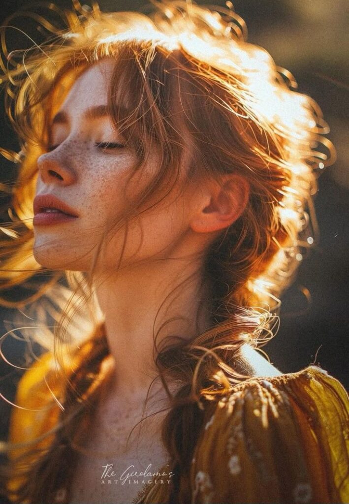 Young woman with freckles and red hair enjoys sunlight, eyes closed in peaceful moment, wearing a yellow garment.