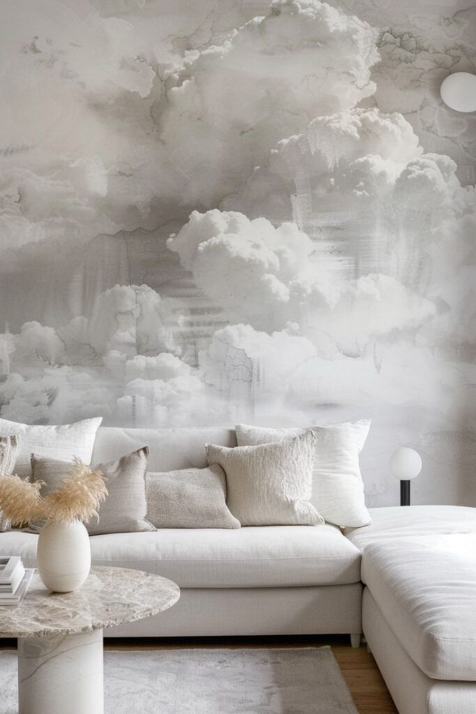 Modern living room with cloud-themed wallpaper, cozy beige sofa, white pillows, and marble coffee table.