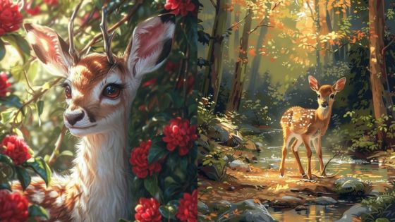 Young deer in a forest with sunlight and red flowers, surrounded by lush greenery.