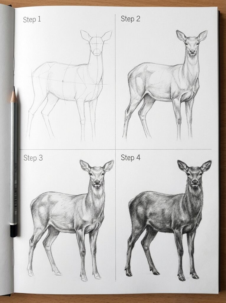 Deer pencil drawing tutorial — step-by-step four-stage progression of a realistic deer sketch with pencil on page