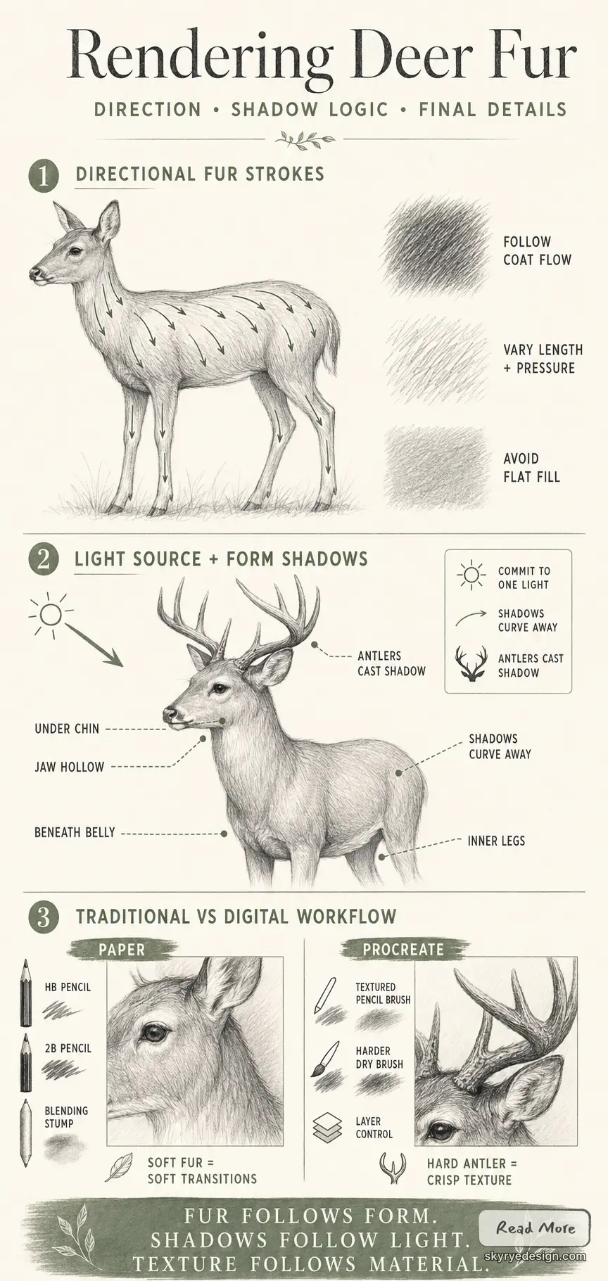 Deer fur rendering infographic: directional fur strokes, light & form shadow tips, and traditional vs digital workflow