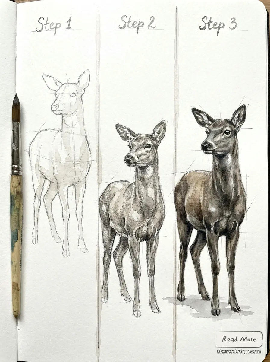 Step-by-step deer drawing: pencil sketch to shaded, realistic deer in sketchbook with paintbrush