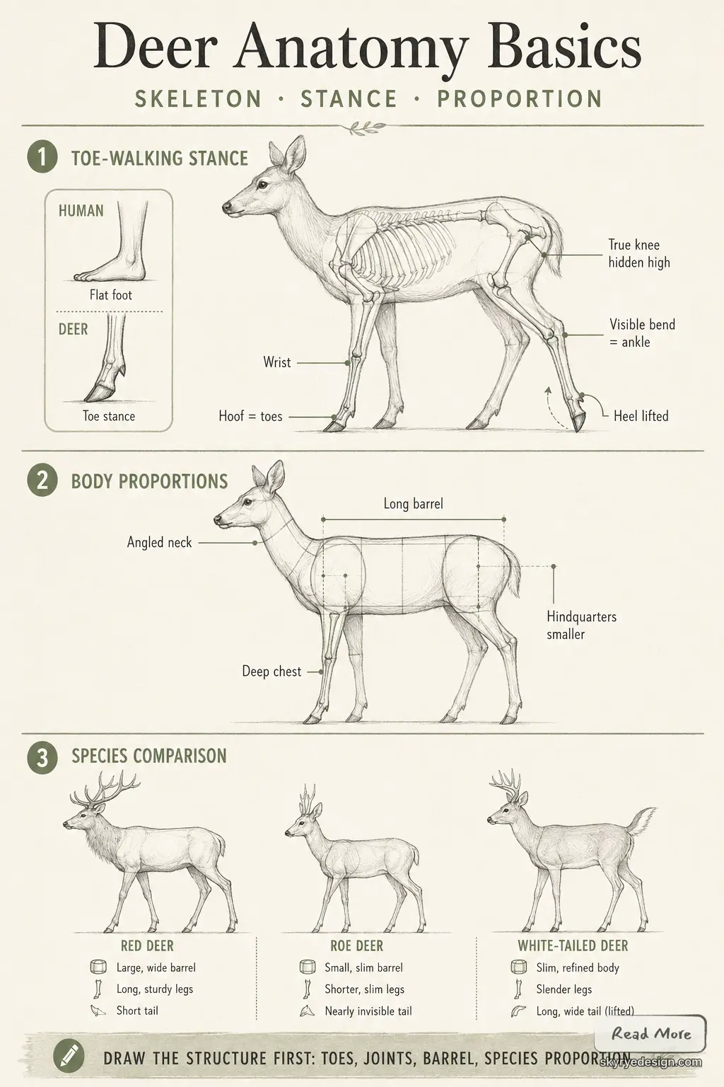 Deer anatomy infographic: skeleton, toe-walking stance, body proportions and species comparison
