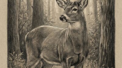 Pencil drawing of a buck with large antlers in a misty forest on textured paper