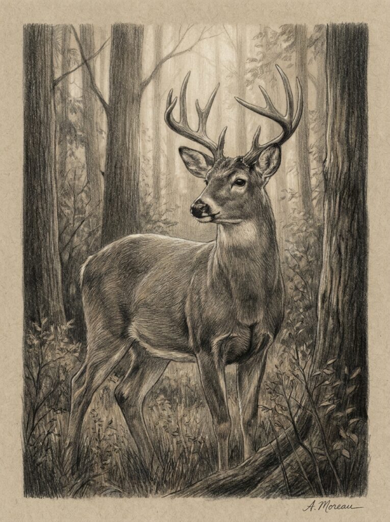 Pencil drawing of a buck with large antlers in a misty forest on textured paper