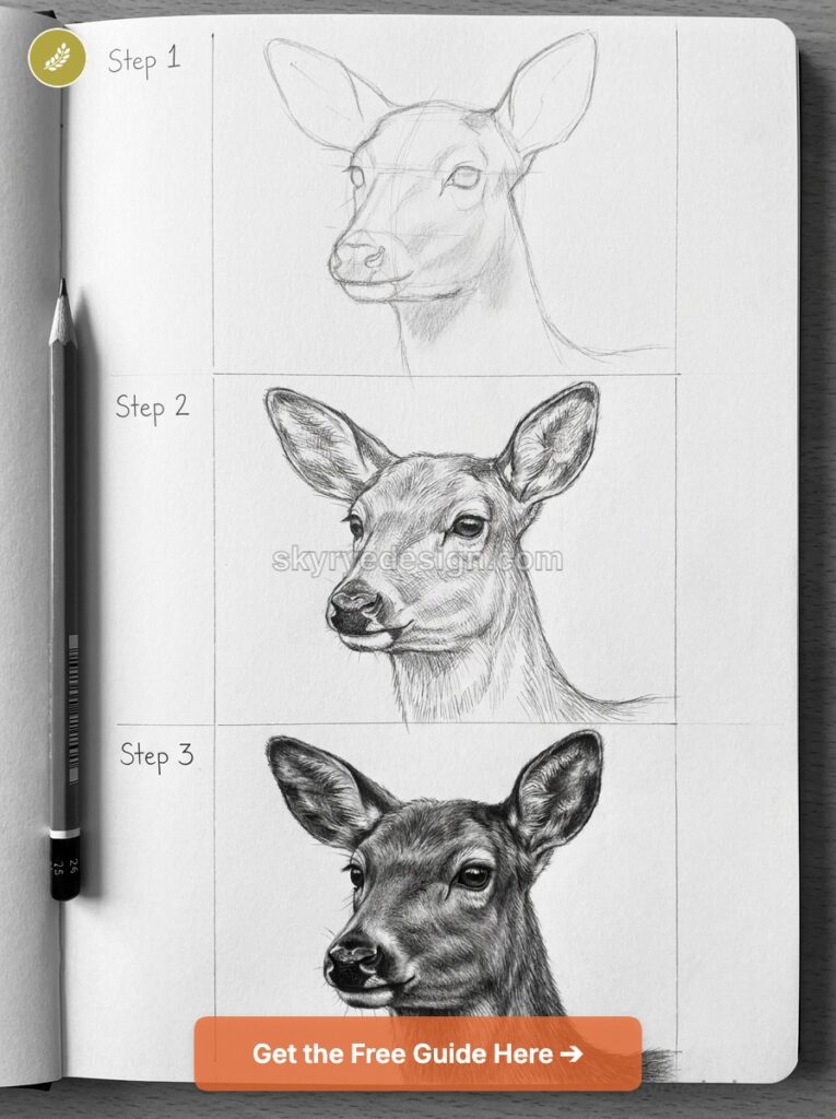 Sketchbook showing a step-by-step pencil drawing tutorial of a deer's head in three stages with a pencil