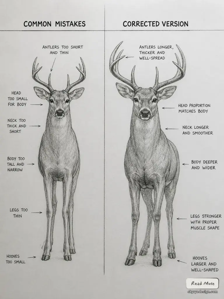 Side-by-side pencil deer sketches: Common Mistakes vs Corrected Version with annotations showing improved proportions.