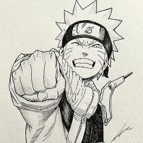 Anime character sketch with headband, clenched fist, and determined expression, embodying strength and energy.