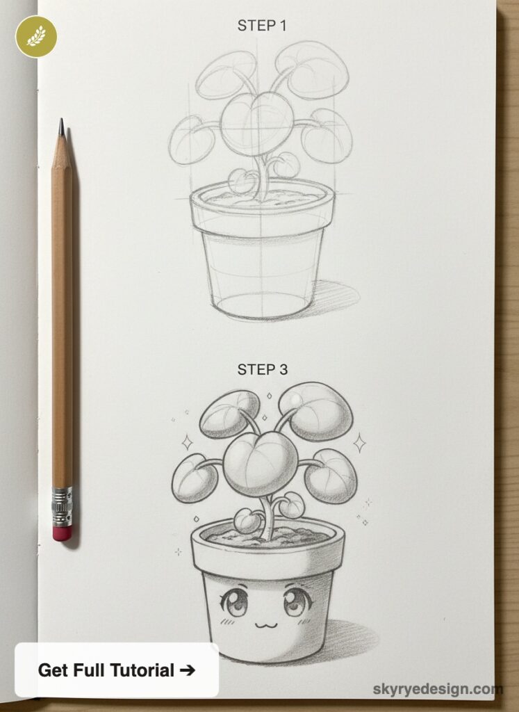 Kawaii potted plant pencil sketch tutorial — step 1 and 3 drawings with smiling pot and pencil