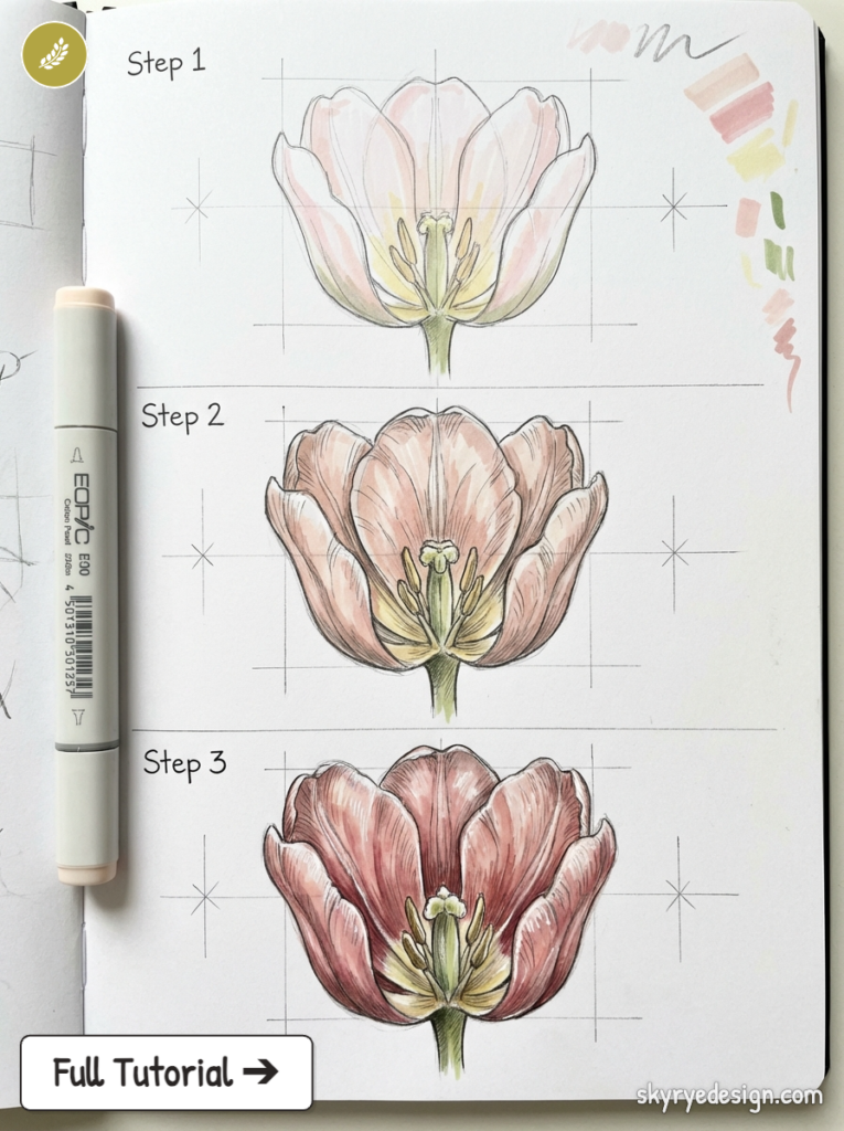 Tulip drawing tutorial: three-step sketch to colored marker rendering with grid guides and color swatches.