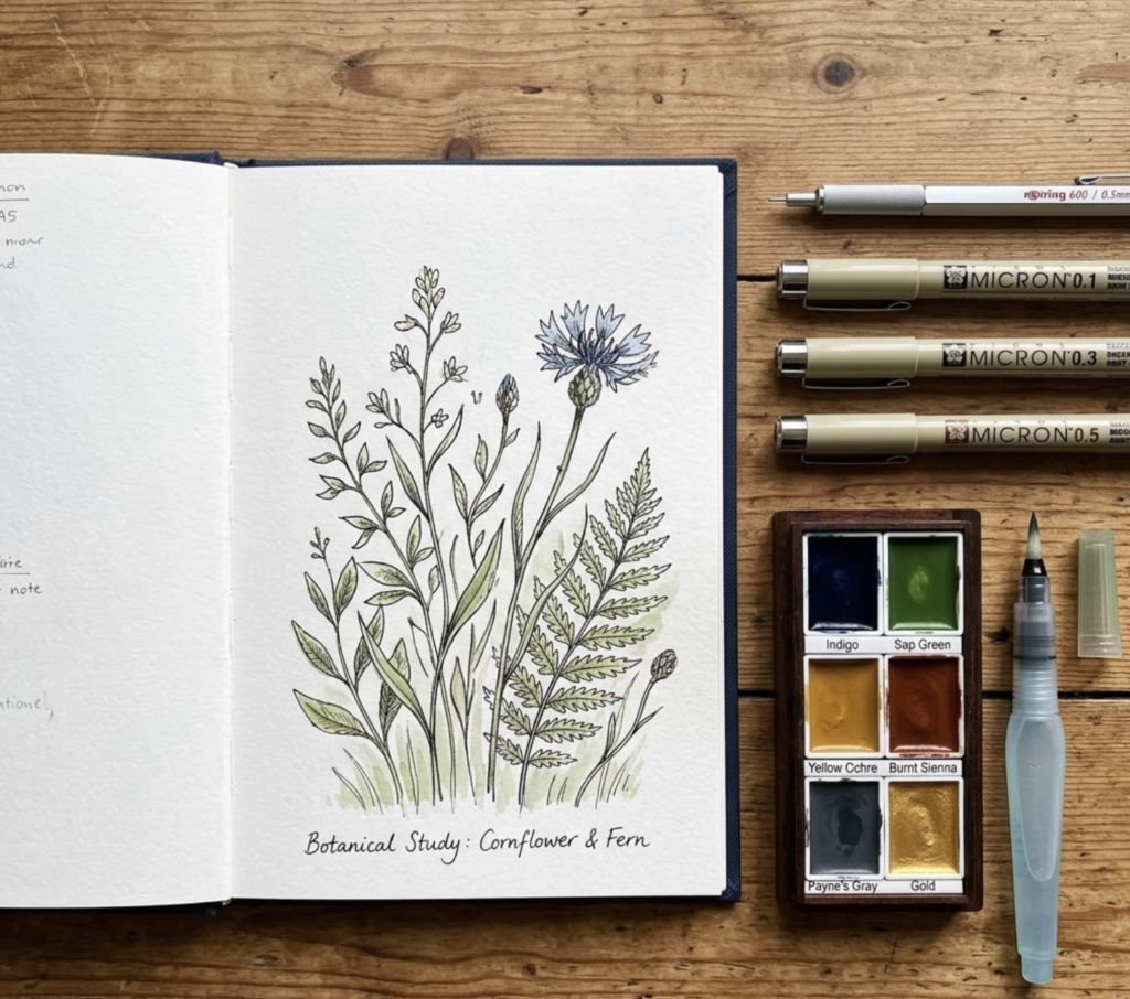 Botanical sketchbook: cornflower and fern watercolor illustration with watercolor set, brush and Micron pens on wood.