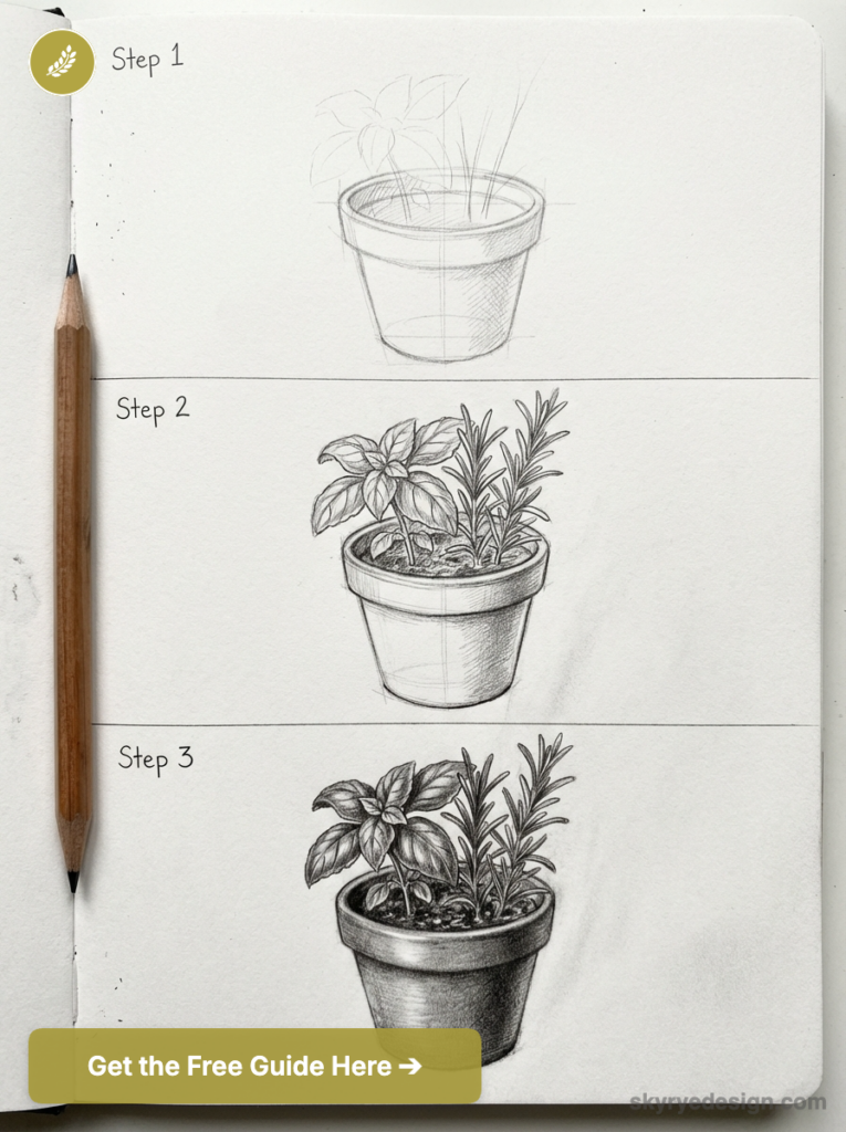 Potted plant sketch tutorial: three pencil-drawn steps showing progression from rough outline to detailed shaded drawing