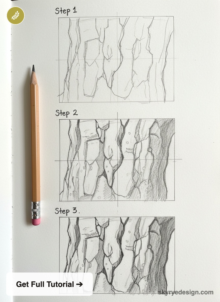 Three-step pencil drawing tutorial of tree bark sketches, pencil on paper