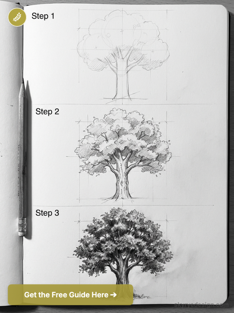 Three-step pencil tree drawing in sketchbook: outline, refined sketch, and detailed shaded tree with pencil at left.