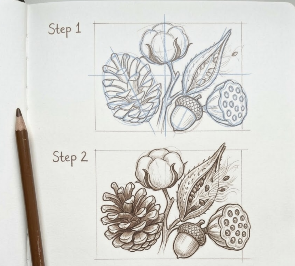 Botanical step-by-step sketch tutorial showing pinecone, cotton boll, acorn, seed pod and leaf pencil drawings in a sketchbook