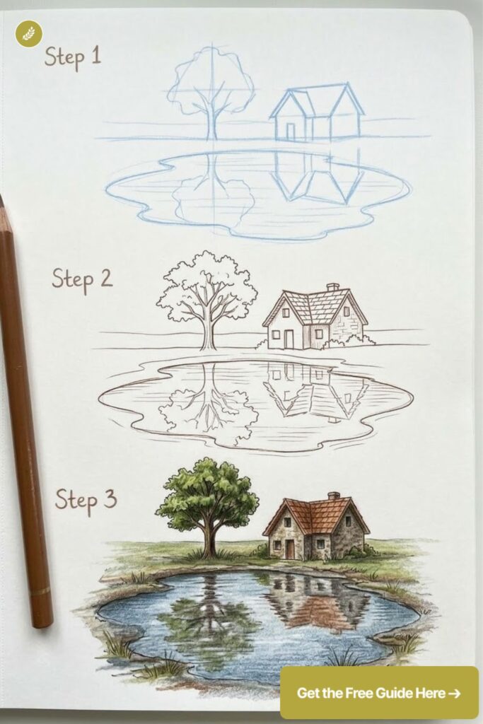 Step-by-step drawing tutorial of house & tree by a pond, pencil sketch to colored final with reflections