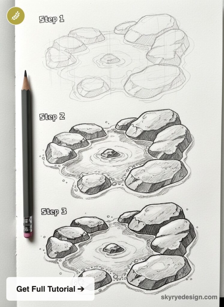 Pencil sketch tutorial showing Steps 1-3: step-by-step drawing of a rocky pond in a sketchbook with pencil