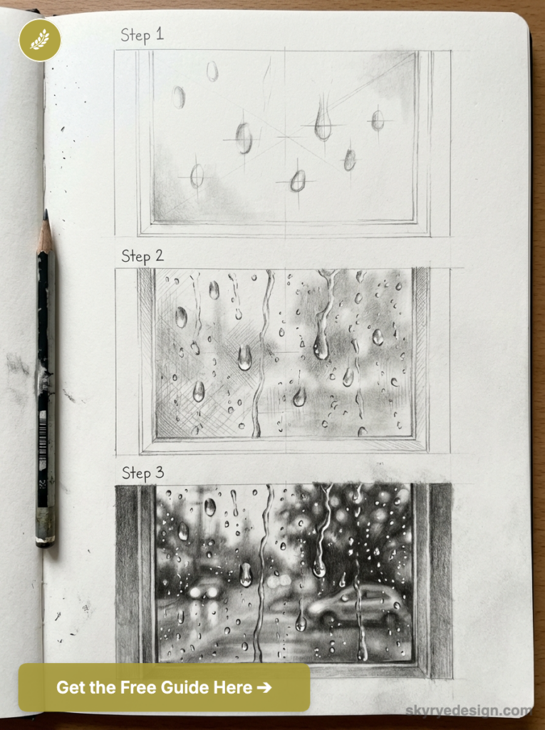 Sketchbook pencil tutorial: three-step progression drawing realistic raindrops and streaks on a window, with graphite pencil.