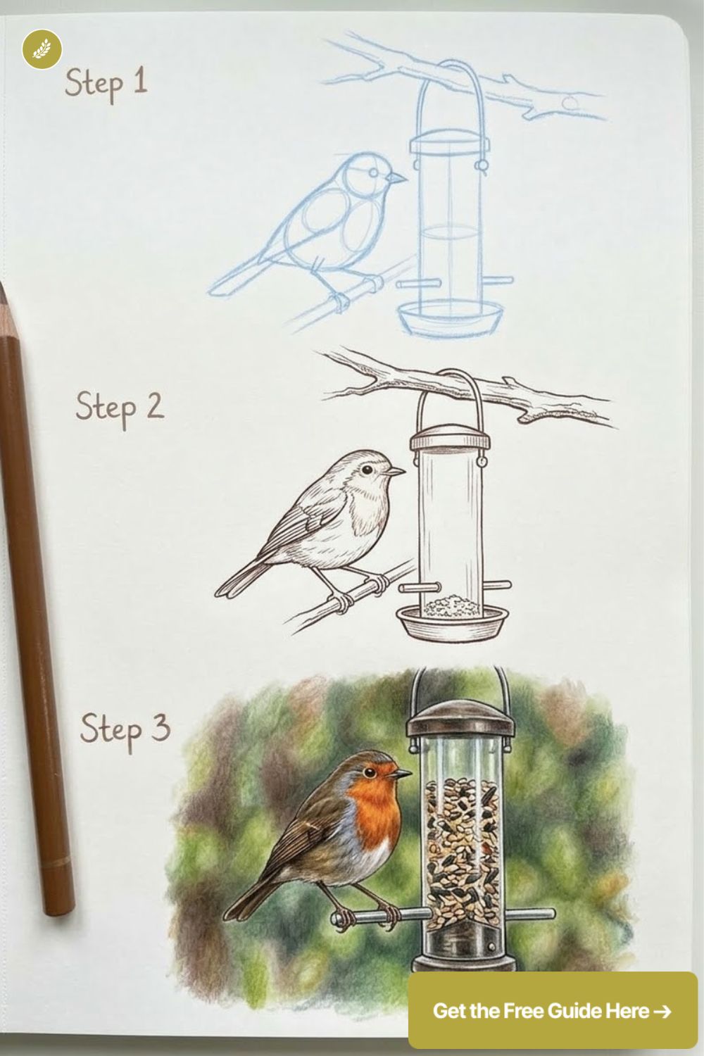 Step-by-step bird drawing tutorial: pencil sketches to full-color robin perched on a seed feeder.