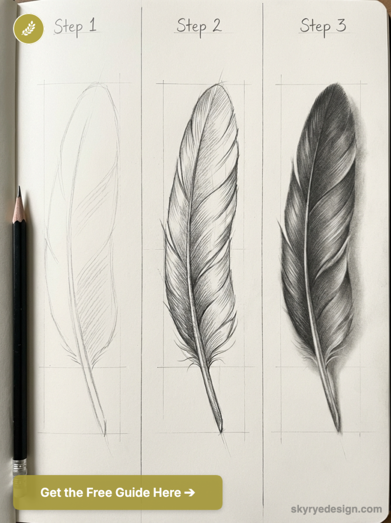 Step-by-step pencil feather drawing tutorial: three stages showing outline, textured strokes, and final shaded feather