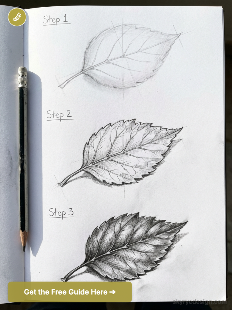 Step-by-step pencil sketch tutorial of a leaf on a sketchbook page, showing construction, details, shading, and a pencil.