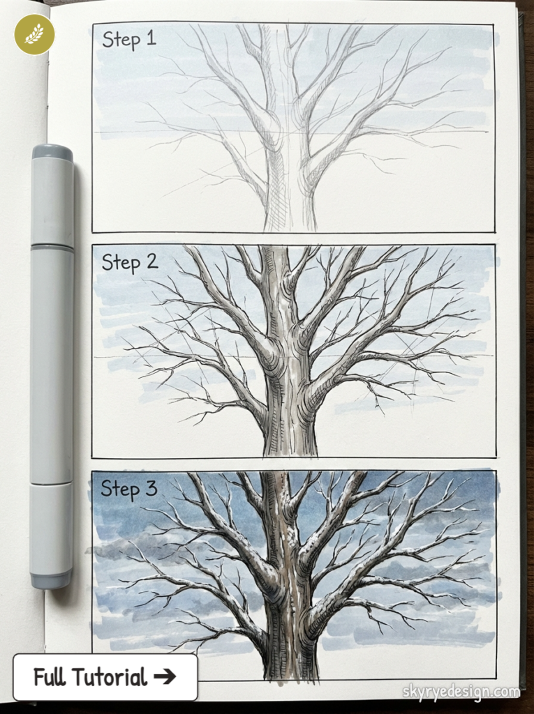 Three-panel step-by-step tree drawing tutorial: initial sketch, detailed bark shading, final inked tree with watercolor sky.