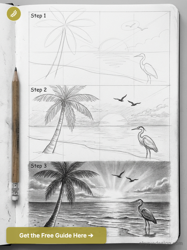 Step-by-step pencil sketch tutorial of a palm tree beach sunset with ocean, heron and flying birds