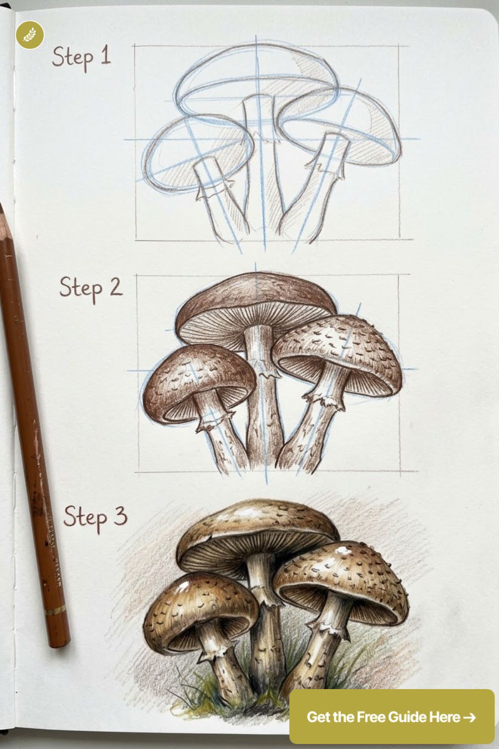 Mushroom drawing tutorial: three-step sketchbook guide showing pencil construction, shading and colored realistic mushrooms