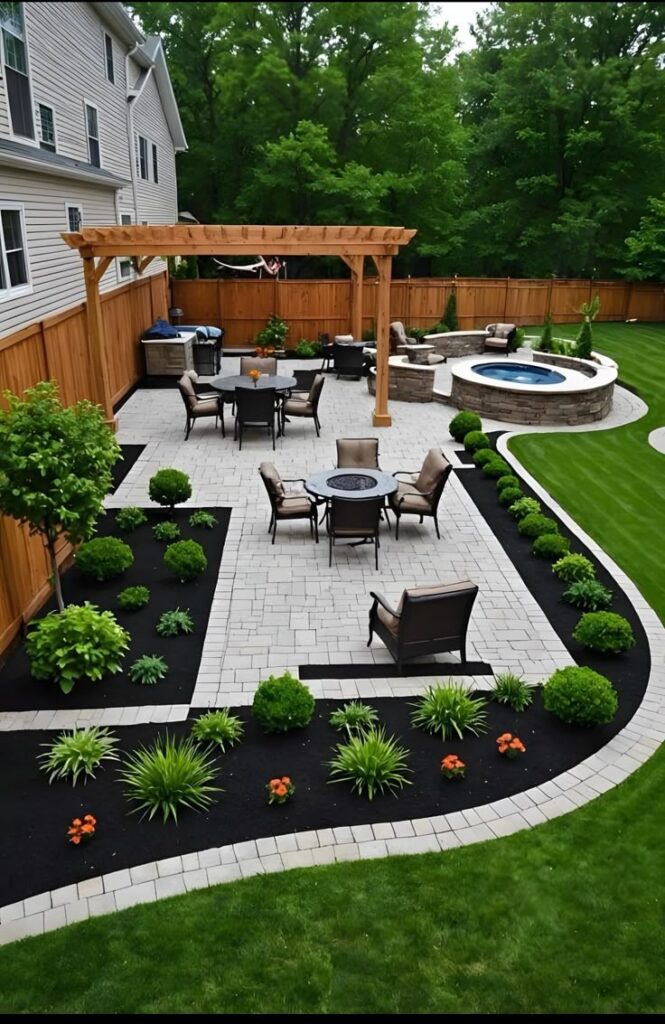 Modern backyard patio with pergola, outdoor seating, landscaped garden, and stone hot tub for relaxation.