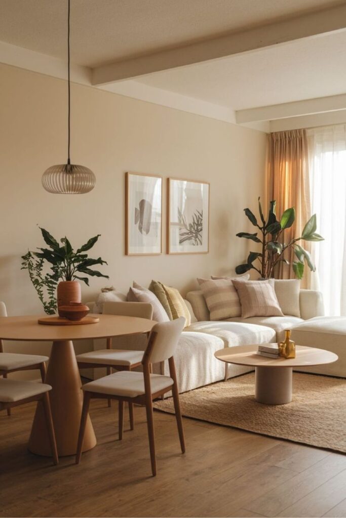 Modern living room with beige decor, cozy sofa, wooden dining set, indoor plants, and framed wall art.