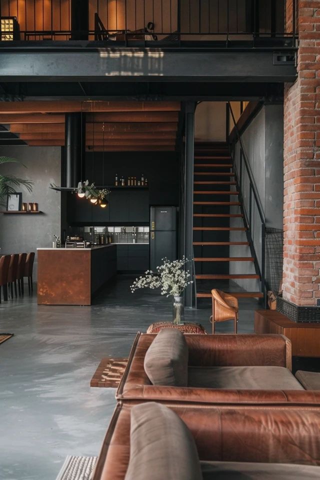 Stylish industrial loft with modern kitchen, leather sofas, exposed brick, open staircase, and elegant lighting.