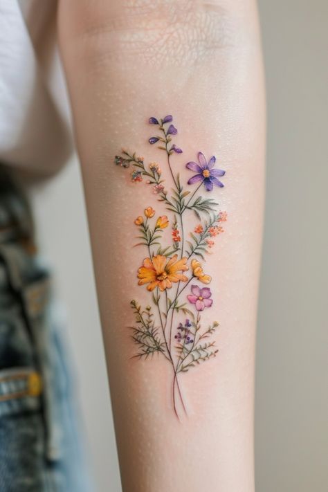 Floral tattoo design featuring colorful wildflowers on a forearm, showcasing delicate and intricate details.