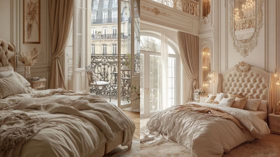 Luxurious bedroom with elegant decor, large windows, and a balcony overlooking historic architecture.