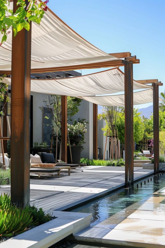 Modern patio with pergola and sunshades over stylish outdoor seating, bordered by lush greenery and a reflective water feature.