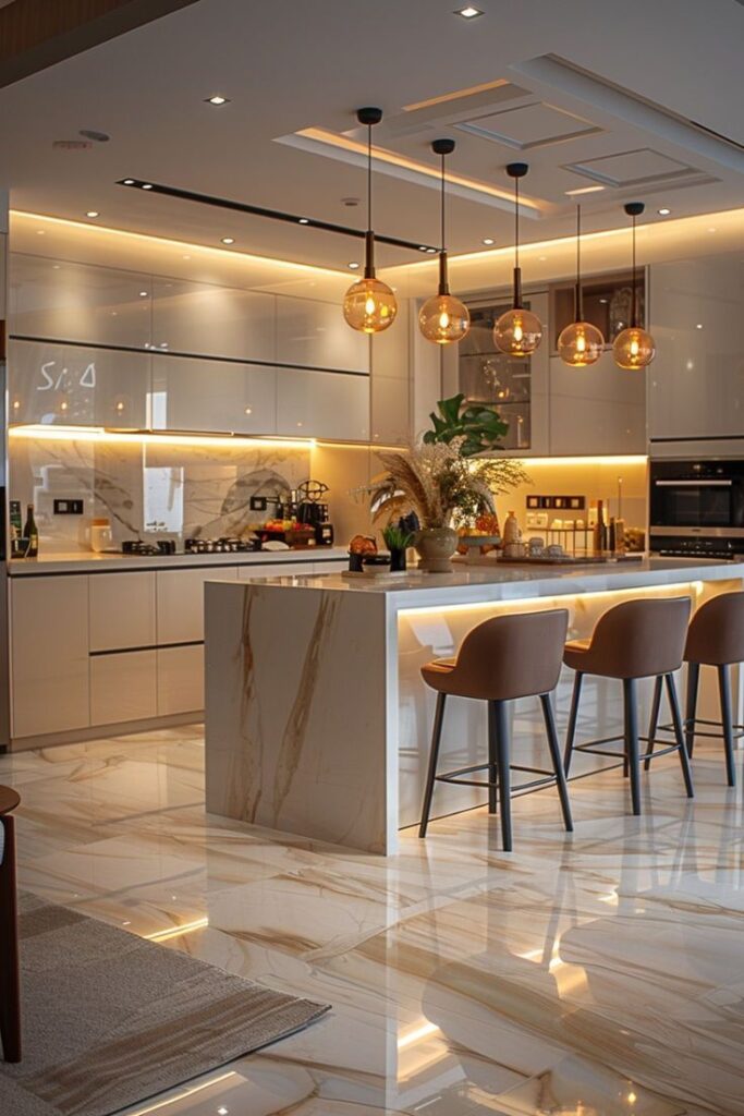 Modern kitchen with marble island, sleek cabinets, pendant lights, and bar stools, exuding luxury and elegance.