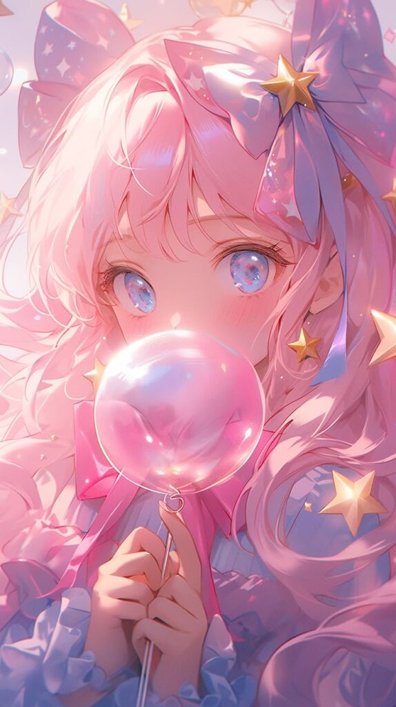 Anime girl with pink hair and star-themed accessories holds a lollipop, surrounded by celestial decorations.