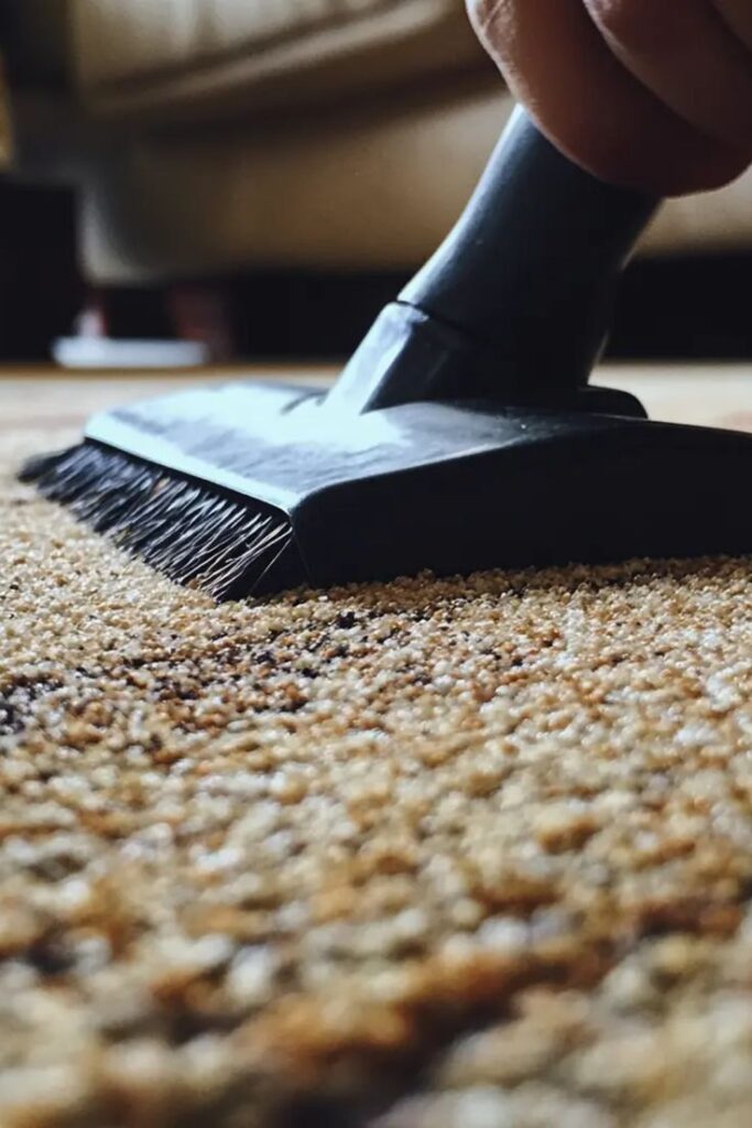 Vacuum cleaner head cleaning a textured carpet in a living room setting.