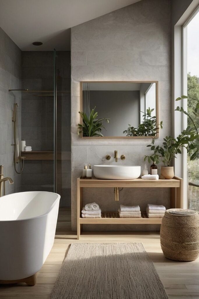 Modern bathroom with freestanding tub, wood accents, large mirror, and natural decor.