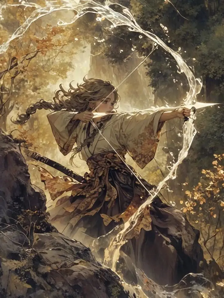 Fantasy archer in nature, drawing a bow with a water-like arrow, surrounded by autumn foliage and rocks.
