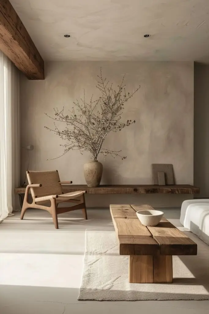 Minimalistic living room with wooden furniture and a large vase on a rustic bench, creating a serene, earthy atmosphere.