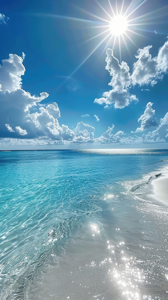 Sunny beach scene with crystal-clear water, fluffy clouds, and shimmering reflections on the sand. Perfect tropical getaway.