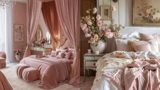 fancy bedroom Elegant pink bedroom with canopy bed, plush pillows, floral arrangement, and vintage decor for a cozy, romantic ambiance. | Sky Rye Design Elegant pink bedroom with canopy bed, plush pillows, floral arrangement, and vintage decor for a cozy, romantic ambiance.