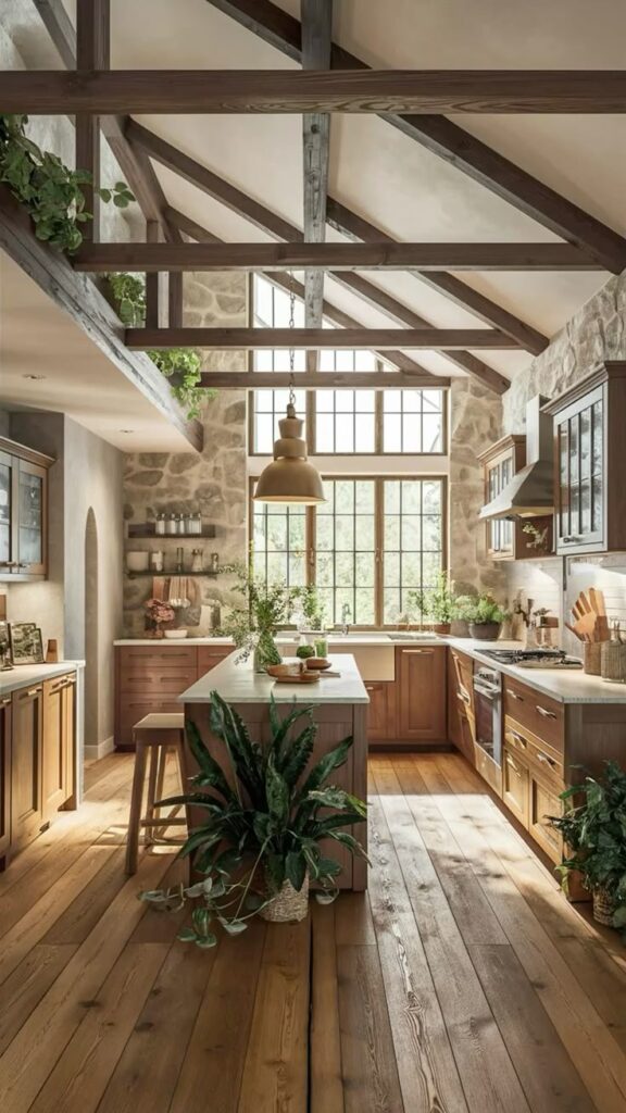 Rustic kitchen with wooden beams, stone walls, and natural light. Lush plants accentuate the cozy, earthy atmosphere.