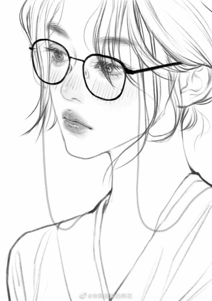 Line art of a girl with glasses and a chain, soft expression, detailed shading.