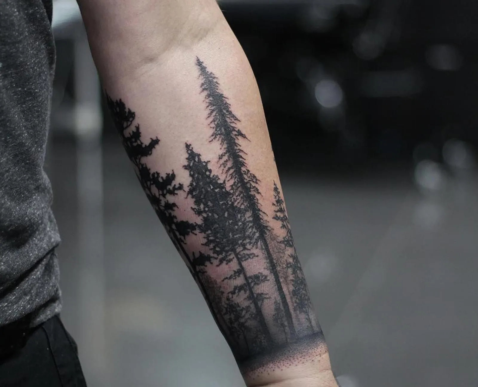 Forest tattoo on forearm with tall trees in black ink design.