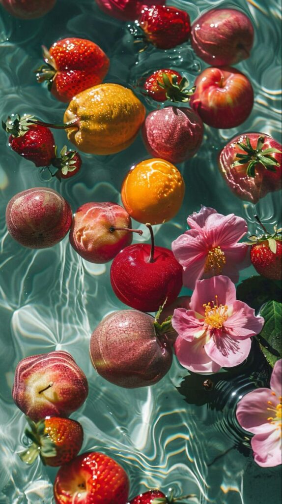 Colorful fruits and pink flowers floating in clear water with sunlight reflections.