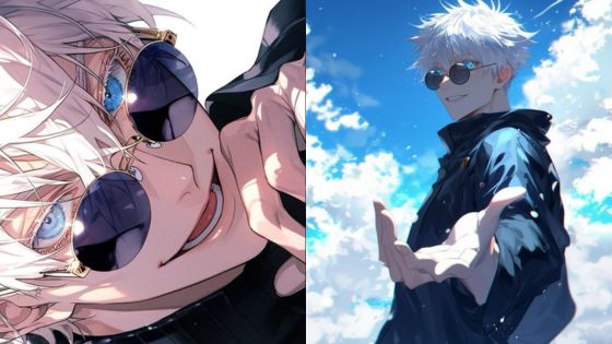 Anime character with sunglasses, white hair, and a playful smile against a blue sky backdrop.