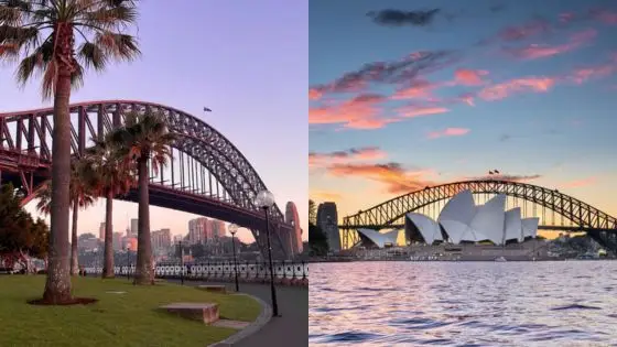 Sydney Harbour Bridge and Opera House at sunset, highlighting iconic architecture against a colorful sky.
